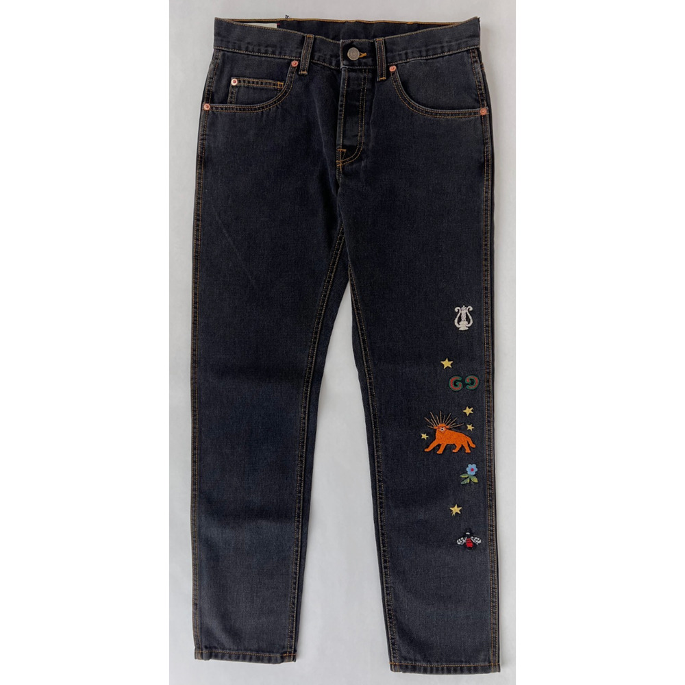 Gucci Men's Black Denim Tapered Pants with Embroidery Size 30